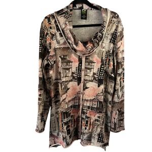 PURE Essence Graphic Print Cowl Neck Tunic Top Size L Art-to-Wear Lagenlook